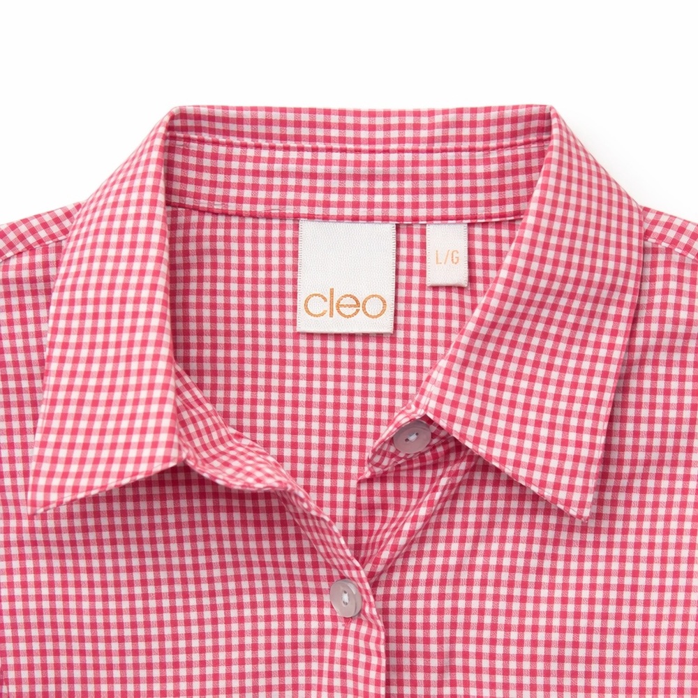 🩷 Cleo Pink & White Gingham Checkered Blouse Women’s Large Cotton Stretch - Picture 2 of 6